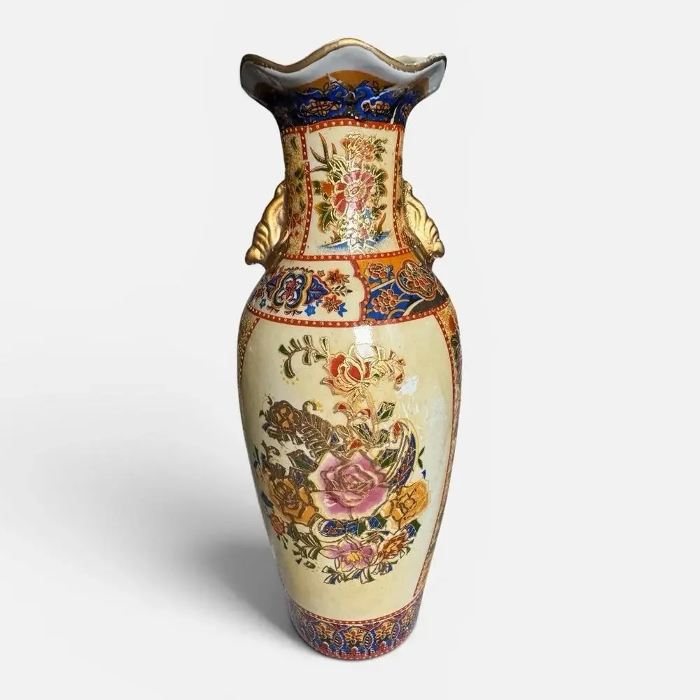 Vintage Ceramic Floral Chinese Vase 10”